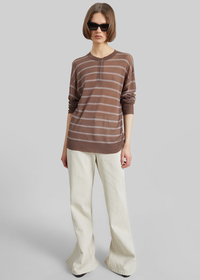 Nelas Knit Sheer Zip Pullover - Brown Stripe