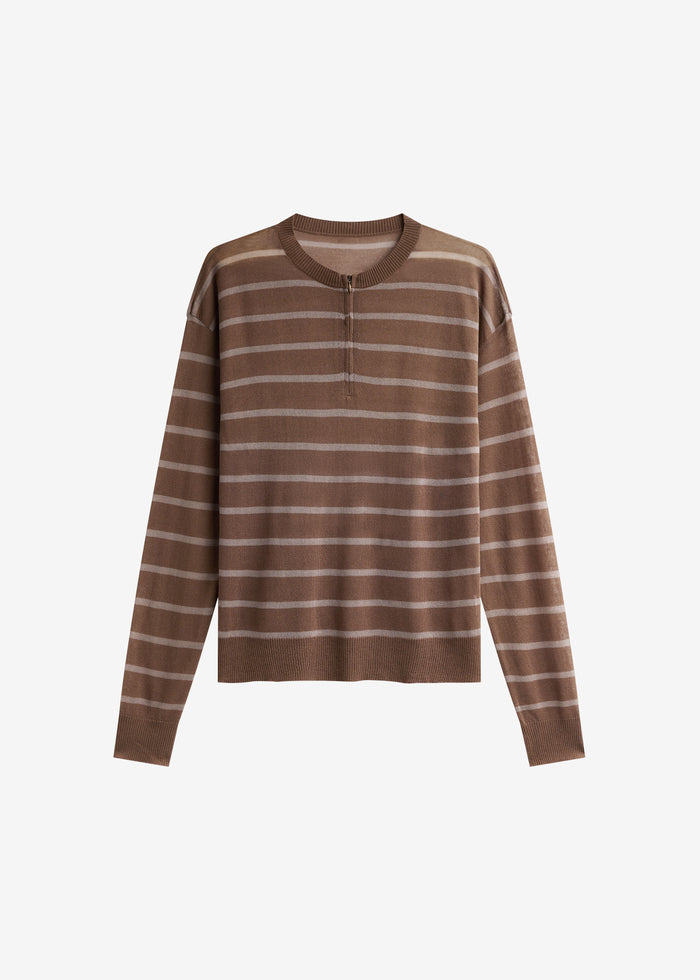 Nelas Knit Sheer Zip Pullover - Brown Stripe