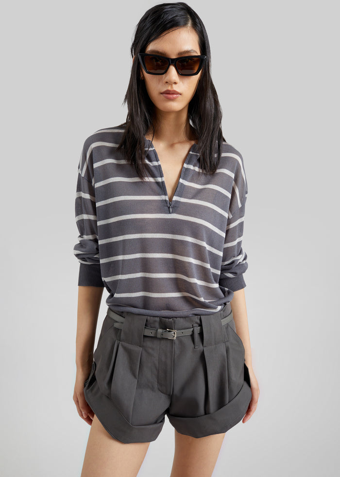 Nelas Knit Sheer Zip Pullover - Grey Stripe