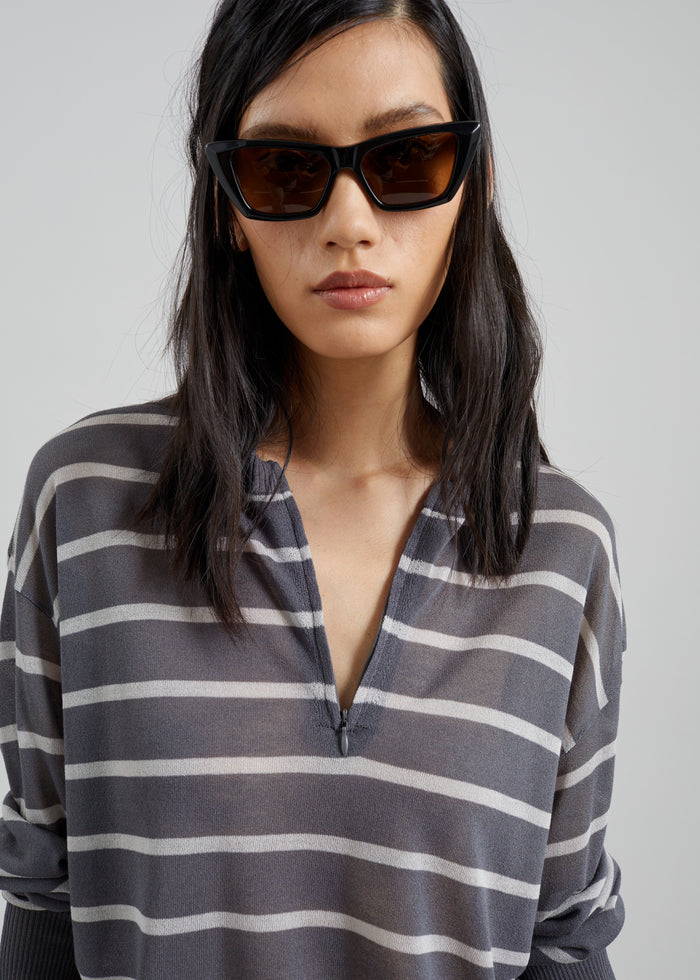 Nelas Knit Sheer Zip Pullover - Grey Stripe