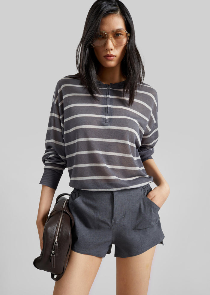 Nelas Knit Sheer Zip Pullover - Grey Stripe