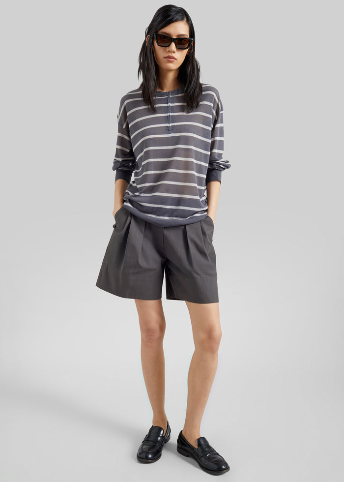 Nelas Knit Sheer Zip Pullover - Grey Stripe
