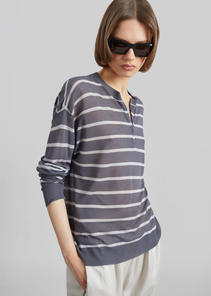 Nelas Knit Sheer Zip Pullover - Grey Stripe