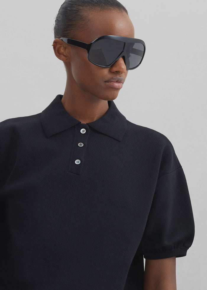 Nola Knit Polo Top - Black