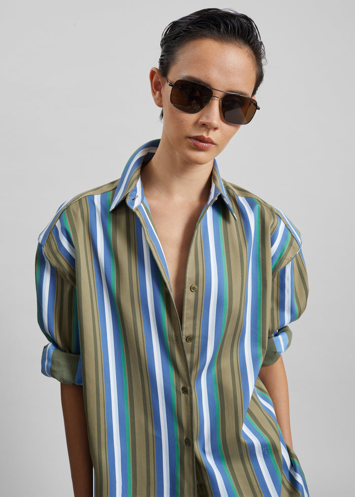 Oana Cotton Padded Shirt - Green Multi Stripe
