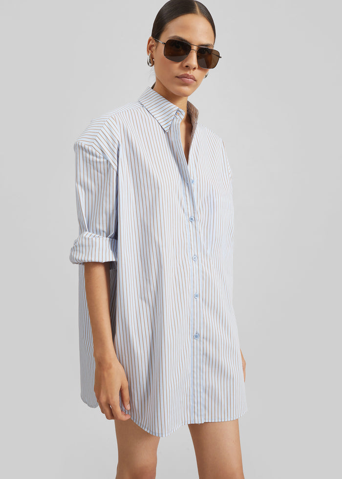 Oana Cotton Padded Shirt - Light Blue/Brown Stripe