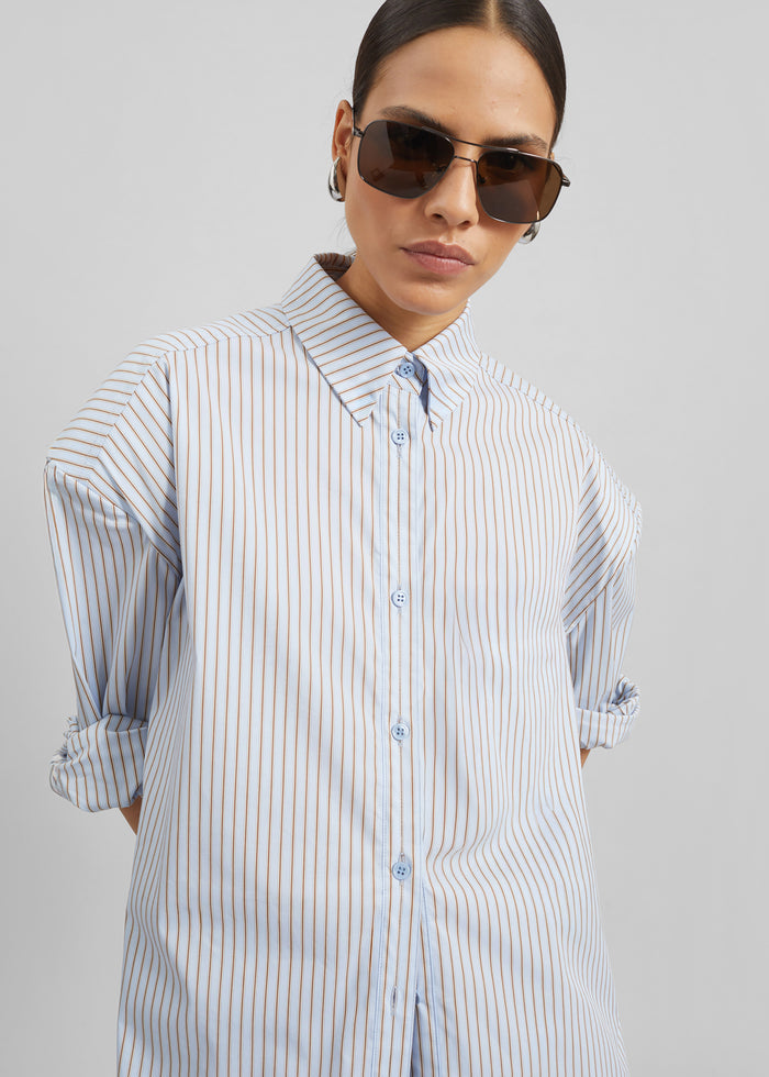 Oana Cotton Padded Shirt - Light Blue/Brown Stripe