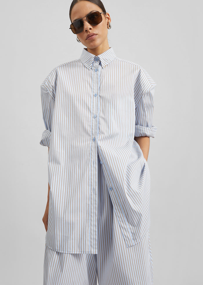 Oana Cotton Padded Shirt - Light Blue/Brown Stripe