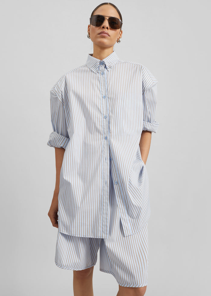 Oana Cotton Padded Shirt - Light Blue/Brown Stripe