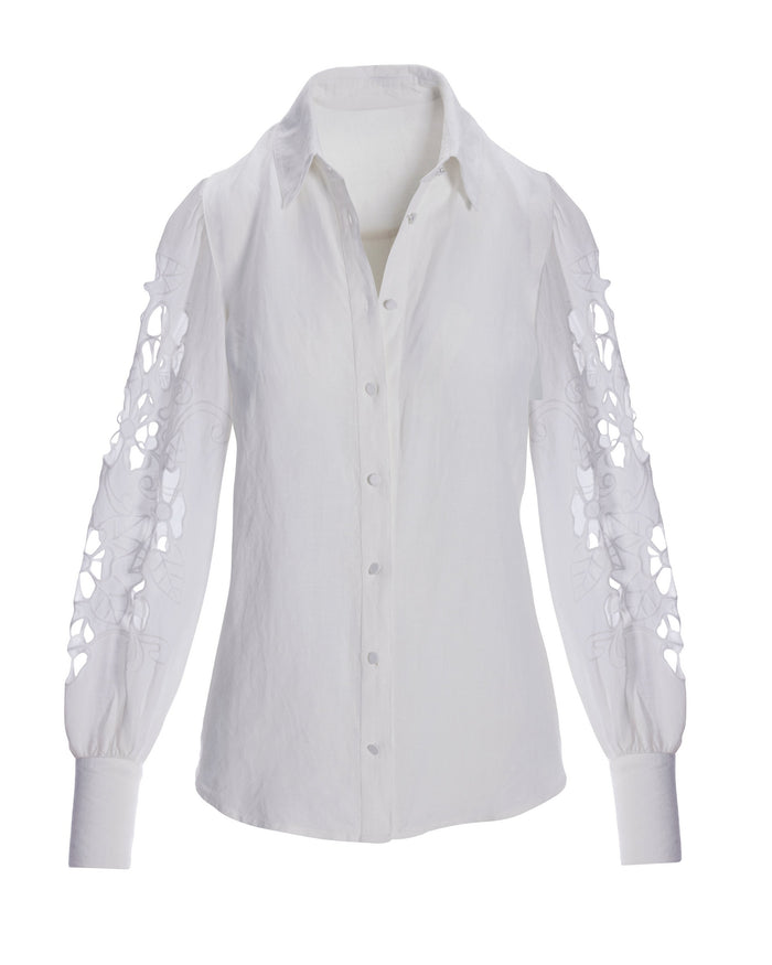 Openwork Embroidered Linen Button-Up Shirt White
