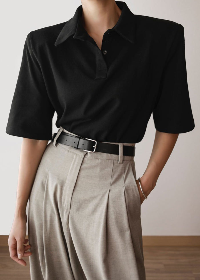 Rane Padded Shoulder Polo - Black top Paper Moon