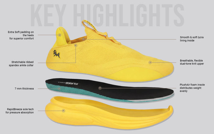 Rapid Breeze Vigor Slip Ons For Men : Yellow lightweight knit shoes slip-on style yellow breathable flexible dual-tone knit upper plush foam insole pressure absorption front side view