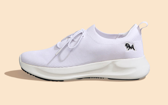 ReLive Knit Sneakers Renew : White knit sneakers lightweight white cushioned sole casual wear side view
