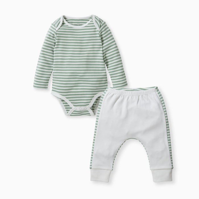 flatlay_roundel_signature_fabricbaby and toddler sage bodysuit and yoga pants