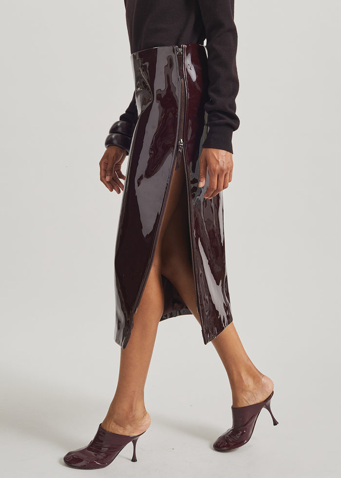 Samantha Patent Zip Skirt - Burgundy