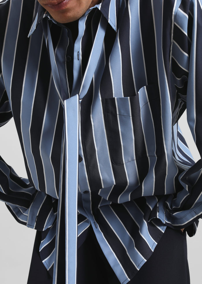 Sinclair Neck Tie Shirt - Navy Stripe