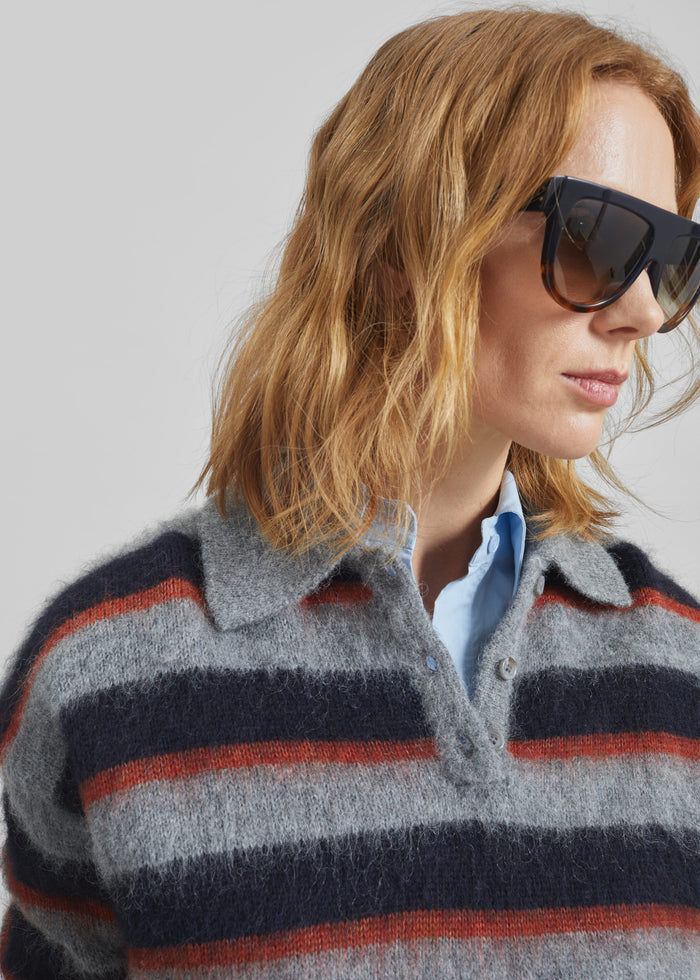 Sorlia Mohair Polo Sweater - Grey Multi Stripe