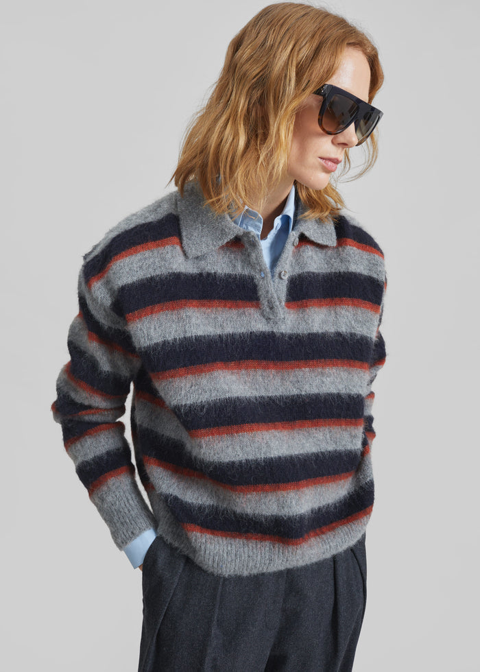 Sorlia Mohair Polo Sweater - Grey Multi Stripe