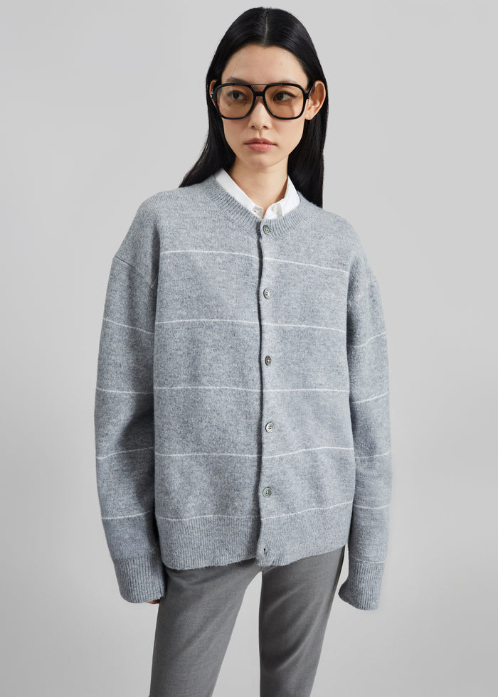 Stenvad Crewneck Cardigan - Grey/White Stripe