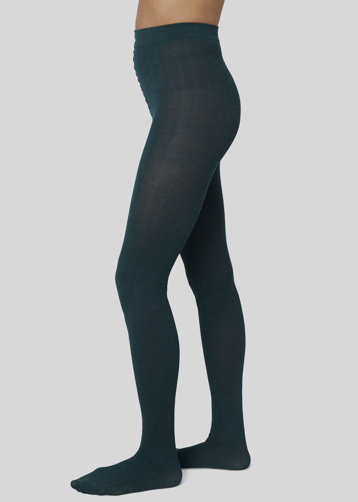 Swedish Stockings Ylva Fishbone Wool Tights - Dark Green