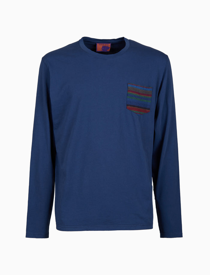 T-shirt maniche lunghe uomo cotone blu tinto capo e taschino pile multicolor - Gallo 1927 - Official Online Shop