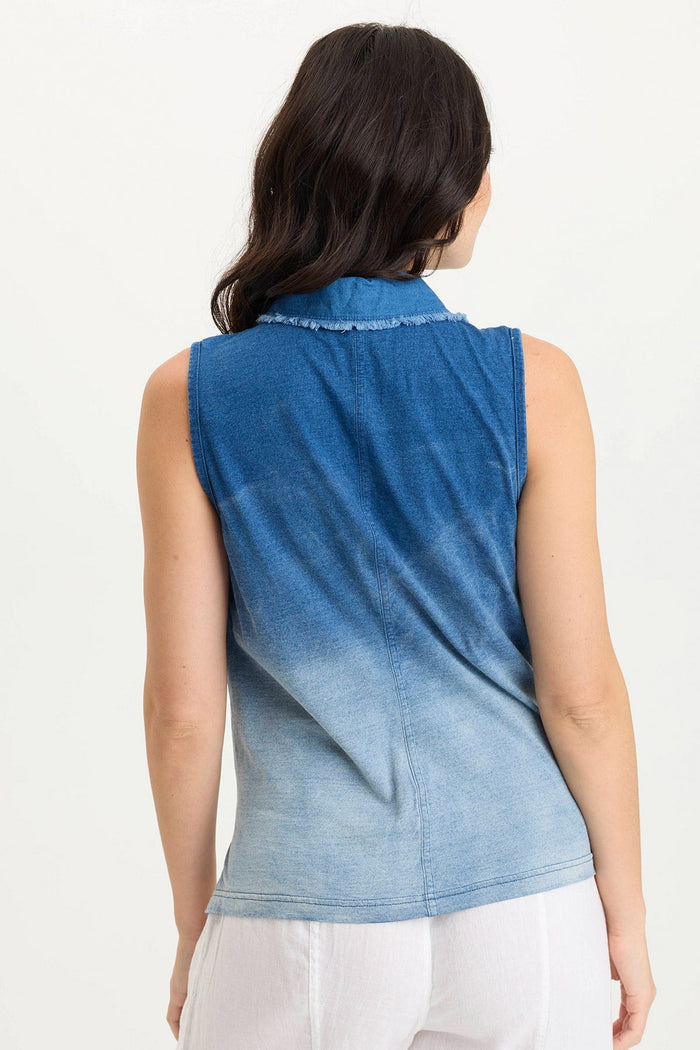 XCVI Tague Indigo Twill Knotted High-Low Snap-Up Tank