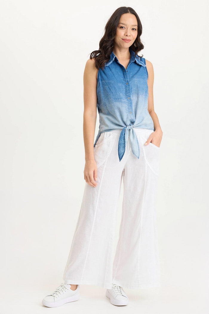 XCVI Tague Indigo Twill Knotted High-Low Snap-Up Tank