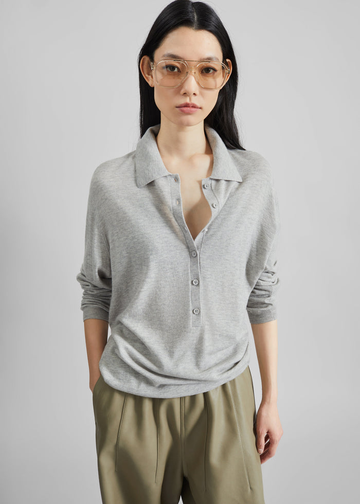 Tala Knit V-Neck Polo - Light Grey