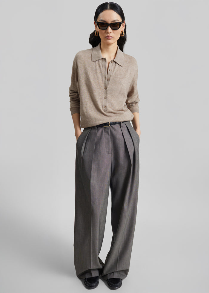 Tala Knit V-Neck Polo - Taupe Melange
