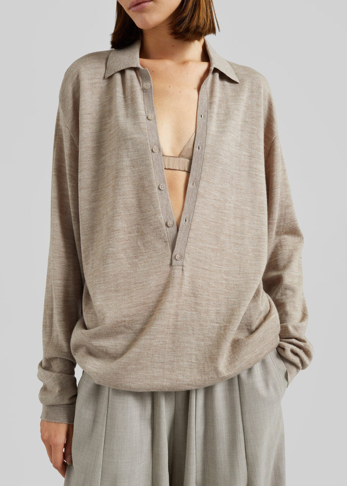 Tala Knit V-Neck Polo - Taupe Melange