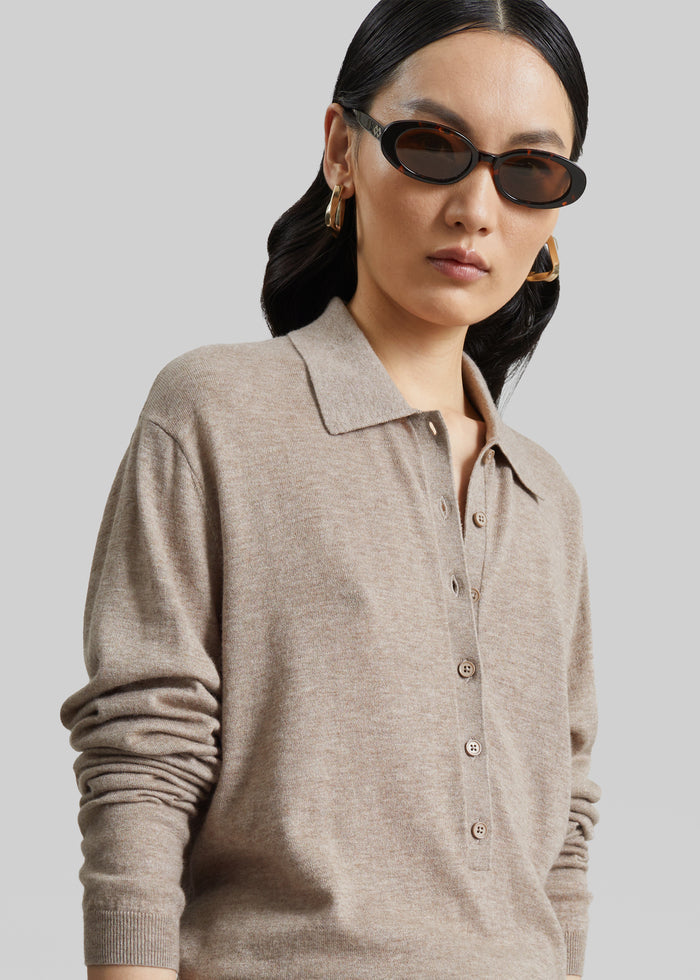 Tala Knit V-Neck Polo - Taupe Melange