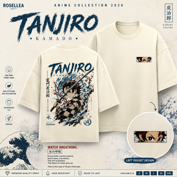 An off-white/cream short-sleeve T-shirt shown from the front and back on a styled graphic background. The front features a large anime-style print of Tanjiro Kamado with blue water effects and Japanese text, while the back has a small matching chest print.