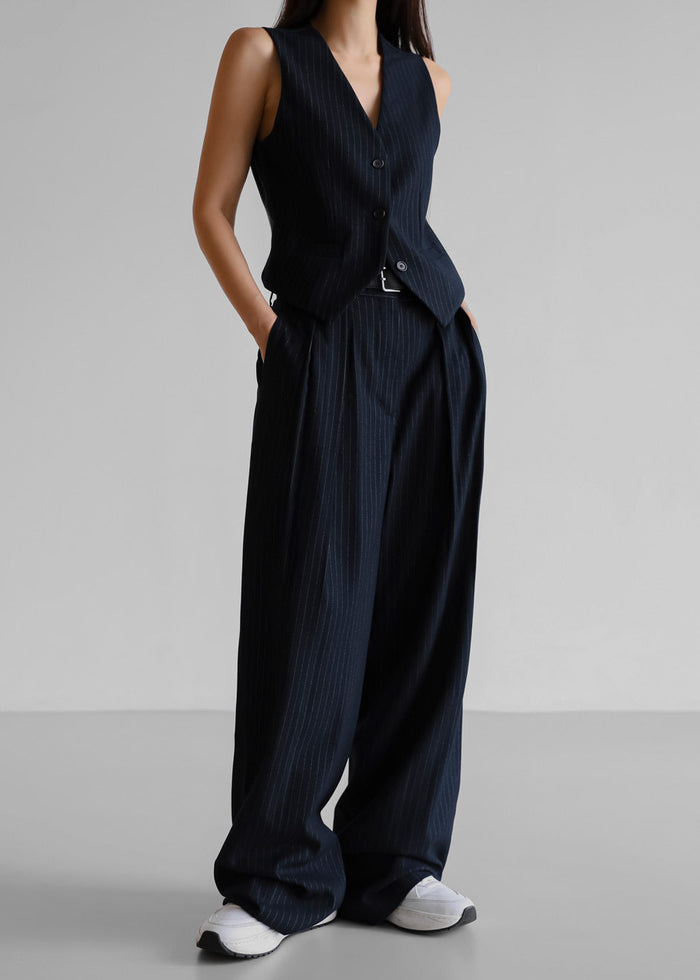 Tansy Pleated Trousers - Navy Pinstripe Pants The Frankie Shop
