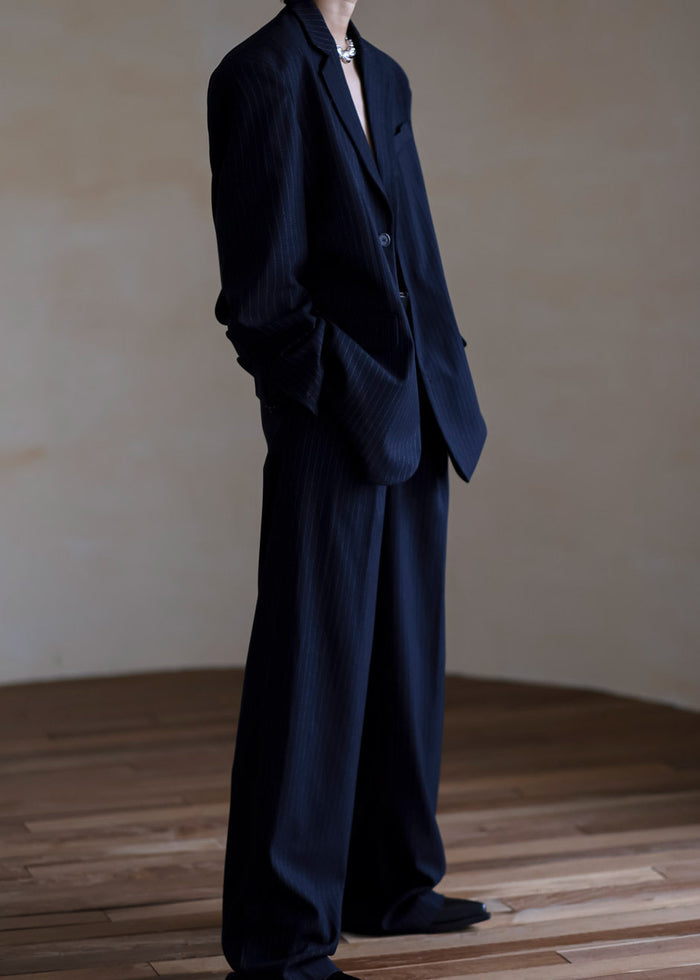 Tansy Pleated Trousers - Navy Pinstripe Pants The Frankie Shop