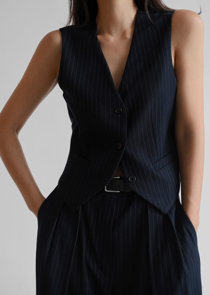 Tansy Tailored Vest - Navy Pinstripe Vest The Frankie Shop