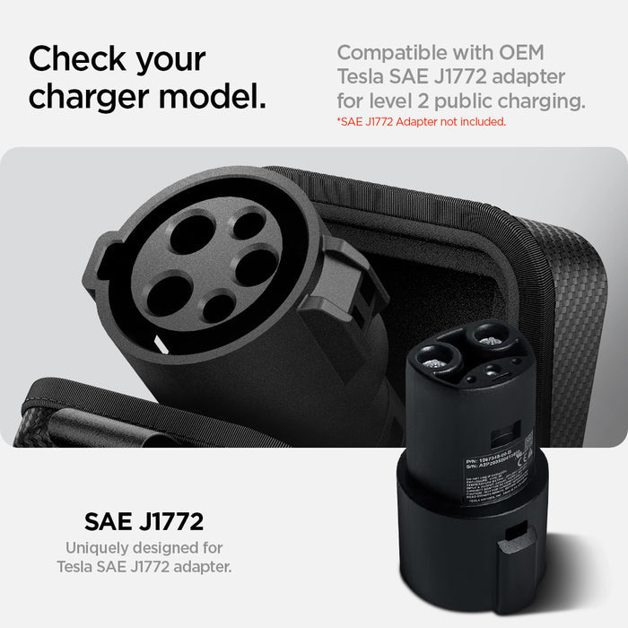 ACS09016 - Tesla SAE J1772 Charging Adapter Case TO254 in Black showing the check your charger model, compatible with EOM Tesla SAE J1772 adapter for level 2 public charging unique designed for Tesla SAE J1772 adapter