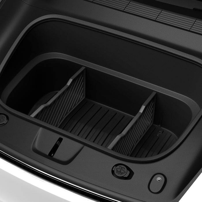 ACP10799 - Tesla Series Model Y Juniper (2025+) Frunk Divider | TO229J in Black installed inside front trunk showing divided compartment organizer layout