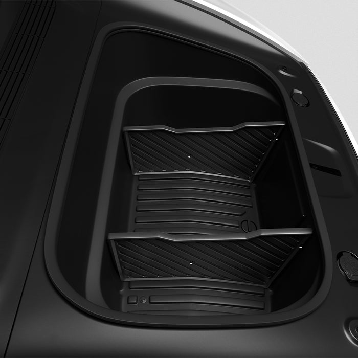 ACP10799 - Tesla Series Model Y Juniper (2025+) Frunk Divider | TO229J in Black top view installed in front trunk showing stacked compartment organization layout