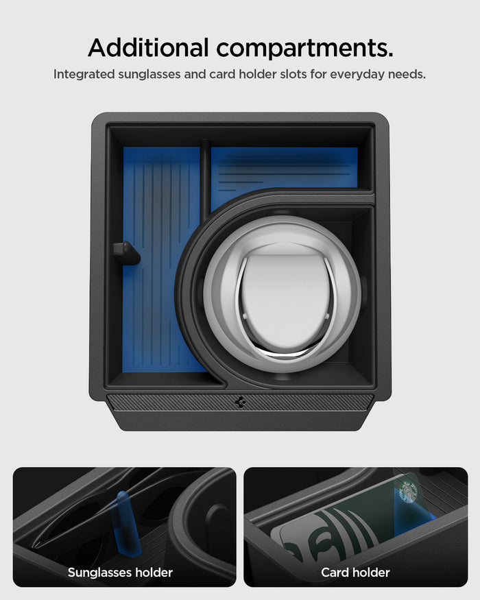 ACP10951 - Tesla Series - Sliding Console Organizer with Bottle Holder | TO220SC showing additional compartments. integrated sunglasses and card holder slots for everyday needs
