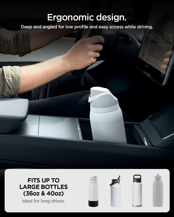 ACP10951 - Tesla Series - Sliding Console Organizer with Bottle Holder | TO220SC showing ergonomic design. deep and angled for low profile and easy access while driving. only for 36oz and 40oz