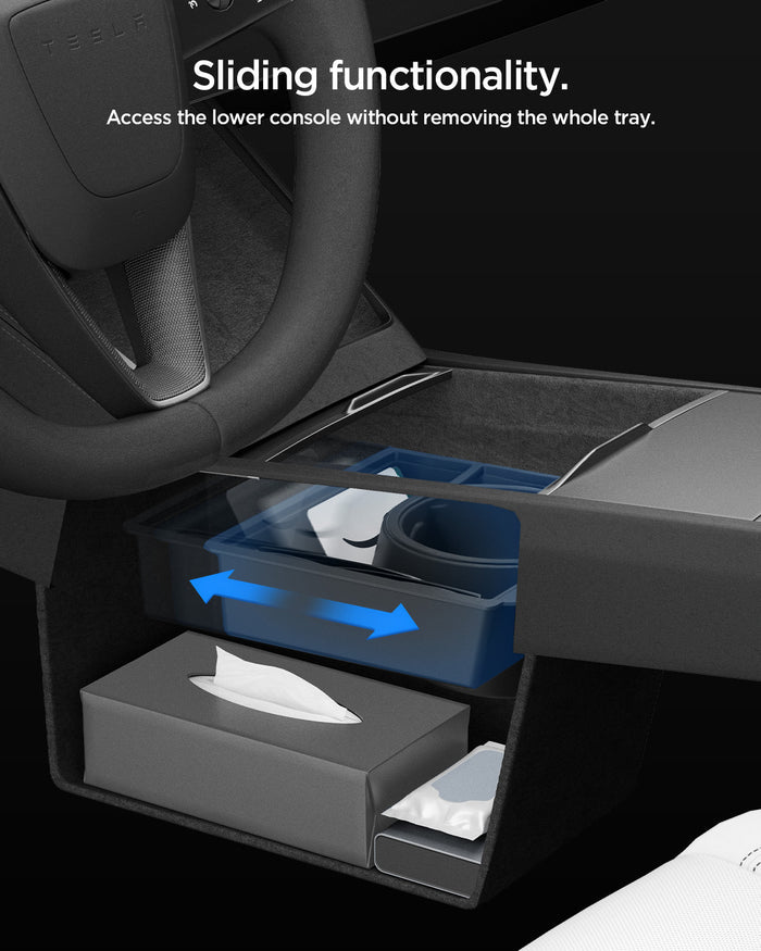 ACP10951 - Tesla Series - Sliding Console Organizer with Bottle Holder | TO220SC showing sliding functionality. Access the lower console without removing the whole tray