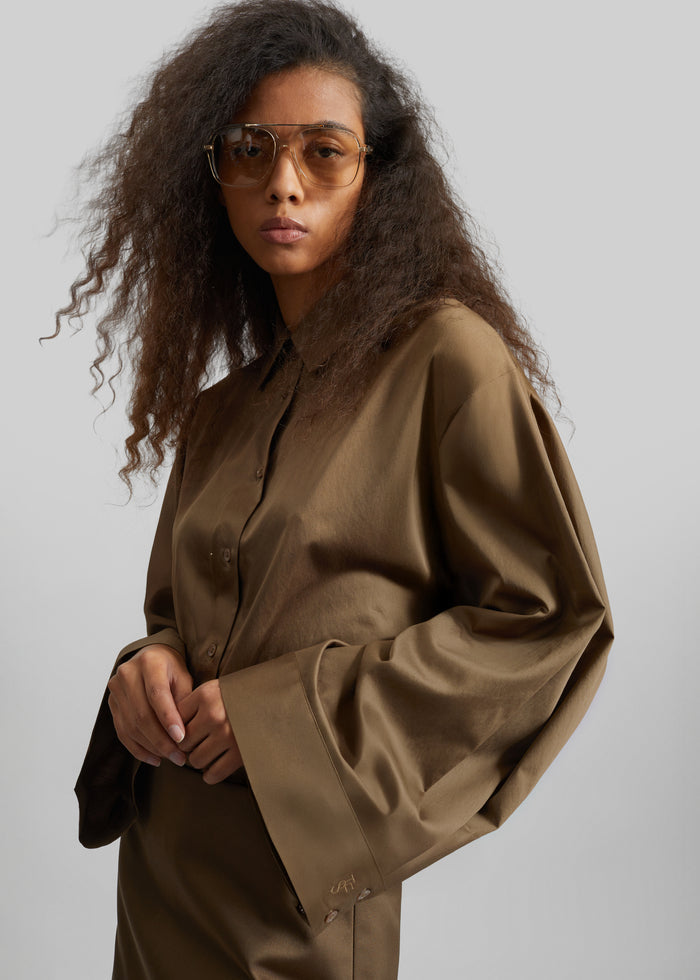 Tila Satin Wide Sleeve Shirt - Brown
