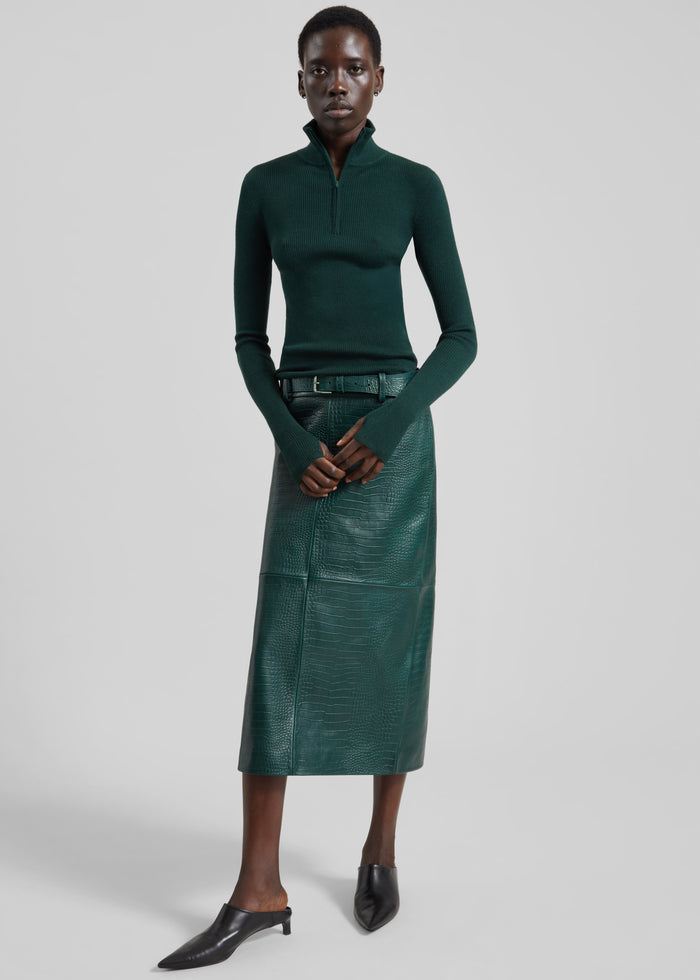 Toni Croc Leather Belt - Bottle Green