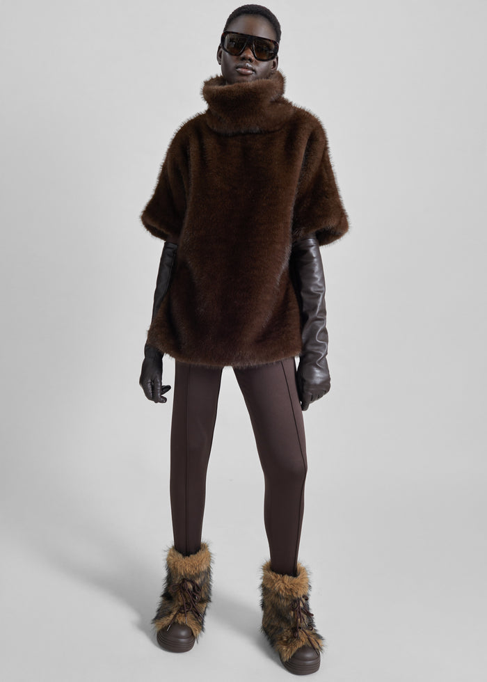 Trento Faux Fur Mock Neck Top - Dark Brown