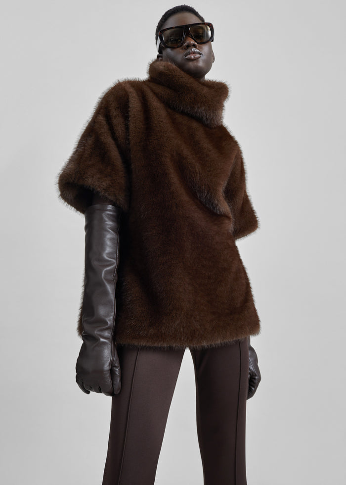 Trento Faux Fur Mock Neck Top - Dark Brown
