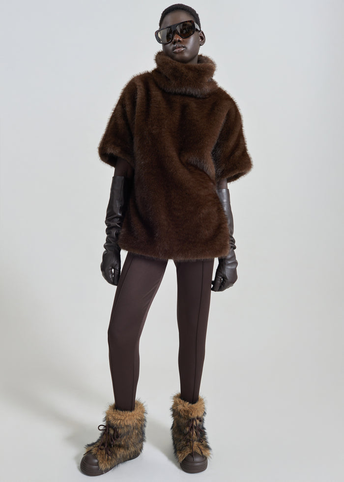 Trento Faux Fur Mock Neck Top - Dark Brown