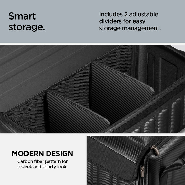 ACP08855 - Trunk Organizer TSO100 in Black showing the smart storage, includes 2 adjustable dividers for easy storage management with modern design, carbon fiber patter for a sleek and sporty look