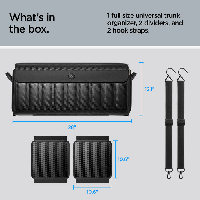 ACP08855 - Trunk Organizer TSO100 in Black showing the what's in the box, 1 full size universal trunk organizer, 2 dividers, and 2 hook straps, full size of the storage 28" x 12.1" while dividers are 10.6" x 10.6"