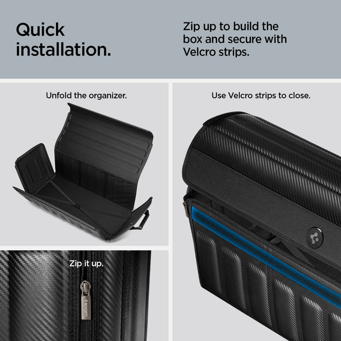 ACP08855 - Trunk Organizer TSO100 in Black showing the quick installation, zip up to build the box and secure with Velcro strips, unfold the organizer, zip it up use velcro strips to close