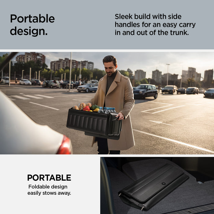 ACP08855 - Trunk Organizer TSO100 in Black showing the portable design, sleek build with side handles for an easy carry in and out of the trunk, portable, foldable design easily stows away